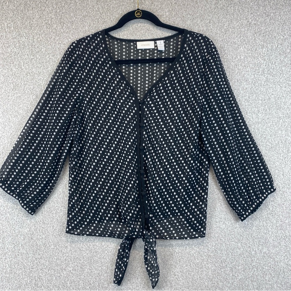Chico's Sheer Blouse Tie Front Size 1 (S) Polka Dot Black Chiffon Preppy